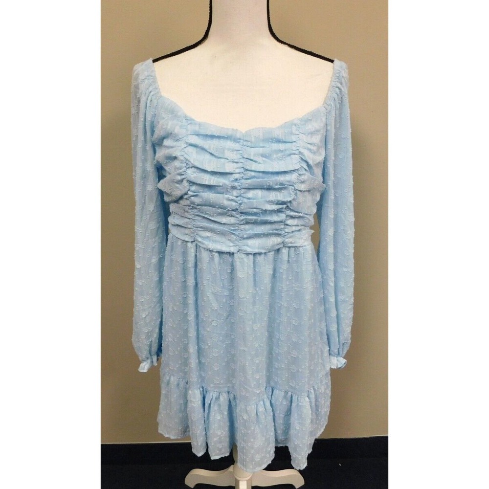 Crystal Doll  Women's  Light baby blue ruffled dress Size Large Lined  L/S  NWOT
